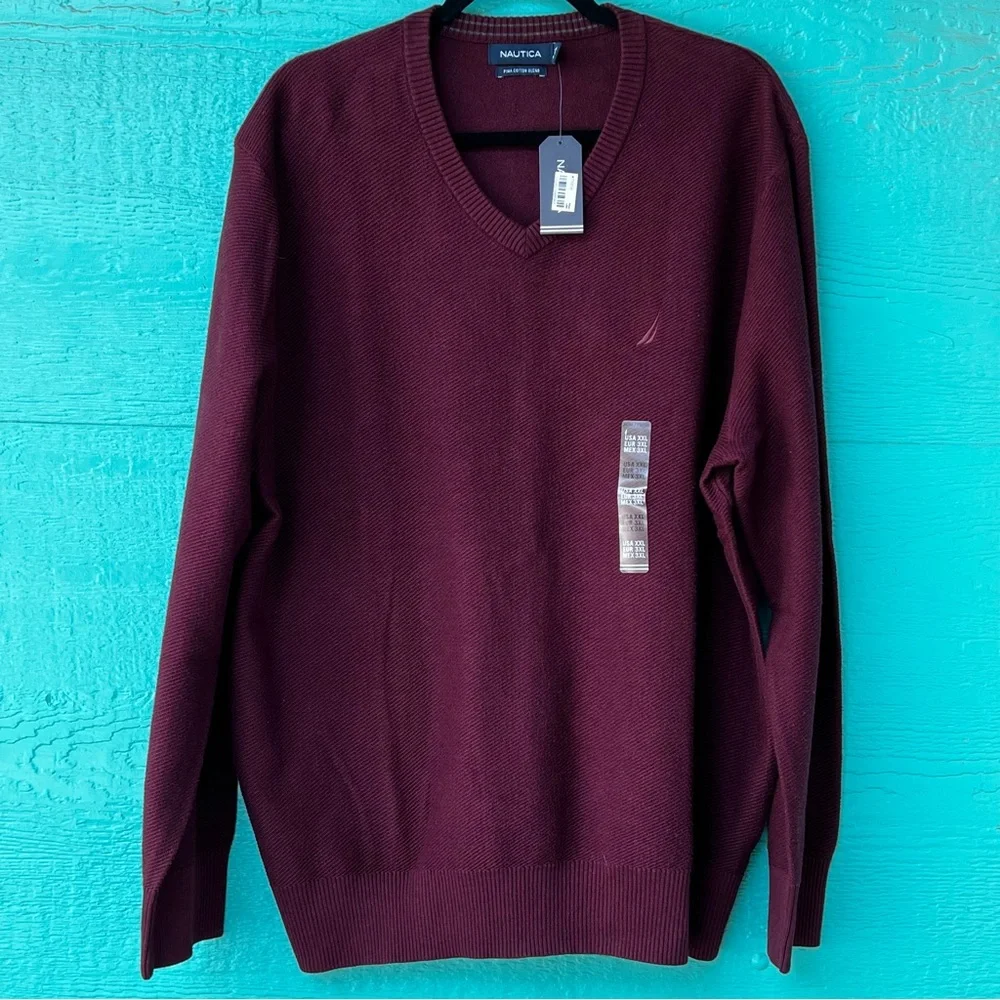 NAUTICA MAROON BURGUNDY DARK RED Navtech V-Neck Deck Sweater Cotton SZ XXL NWT